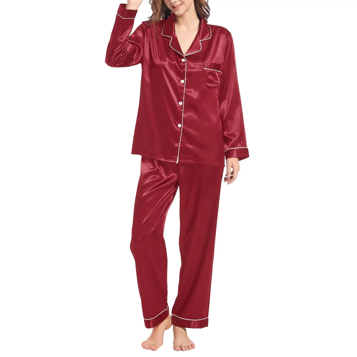 Night Dress Women Pajama Set Silk (Medium Size Only) Red shirt and Trouser