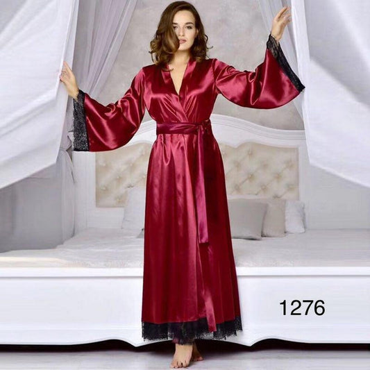 Silk long Gown with lace maroon / golden Nighty Nightwear Sleepwear Night Dress