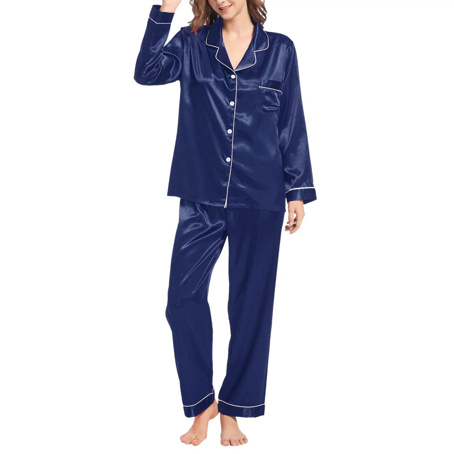 Night Dress Women Pajama Set Silk (Medium Size Only) navy blue shirt and Trouser