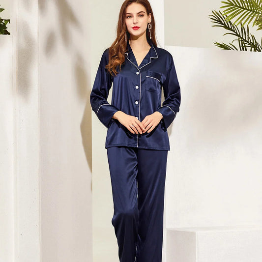 Night Dress Women Pajama Set Silk (Medium Size Only) navy blue shirt and Trouser